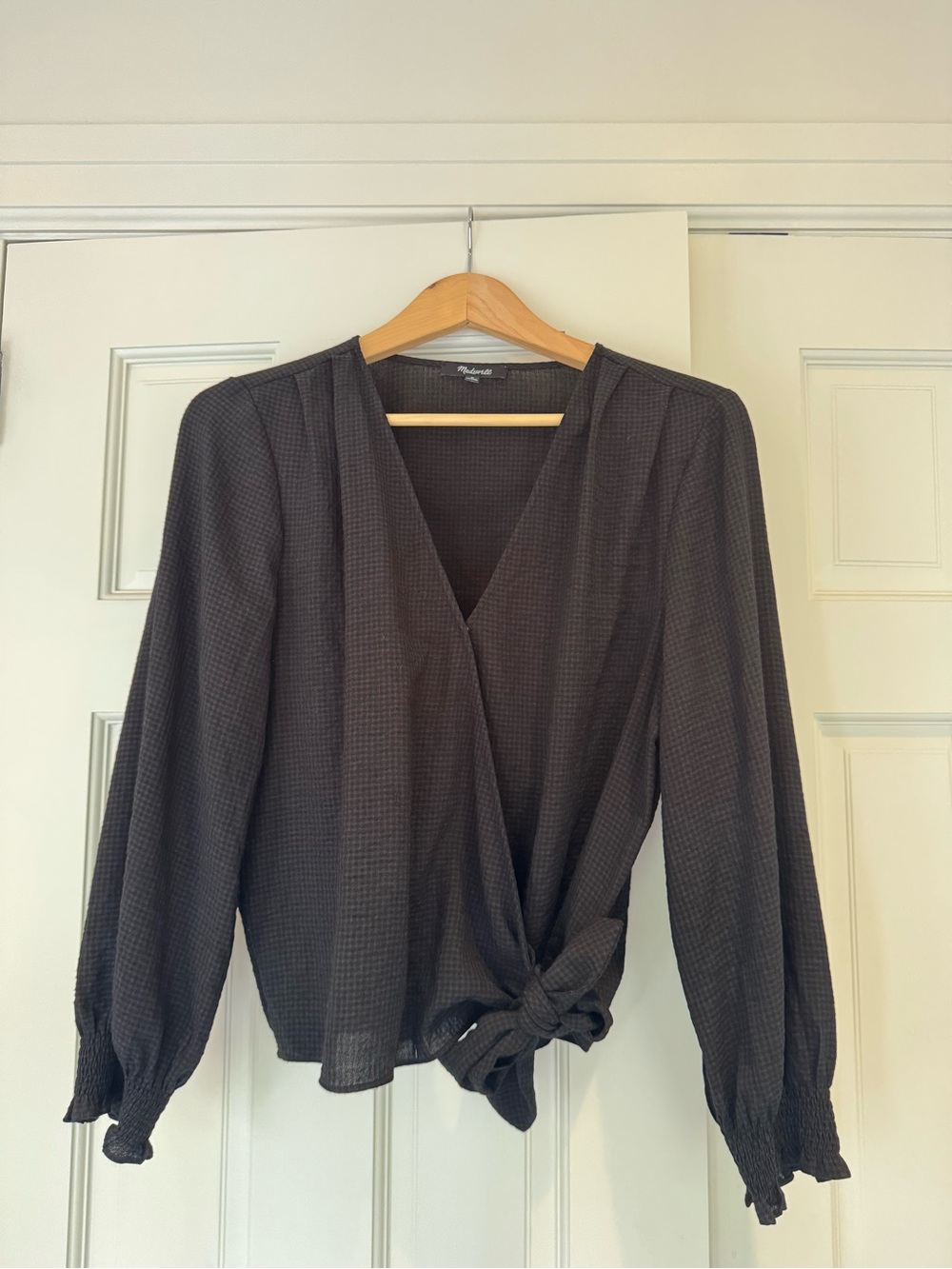 Madewell Black/Grey Gingham Tie-Front Blouse